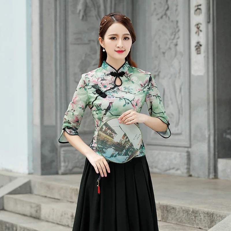 

3 Color XXXL Cheongsam Blouse Silk Linen Hemp Qipao Tops Chinese Style Seven-Sleeve Tang Costume Lady Shirt Printed Green Womens