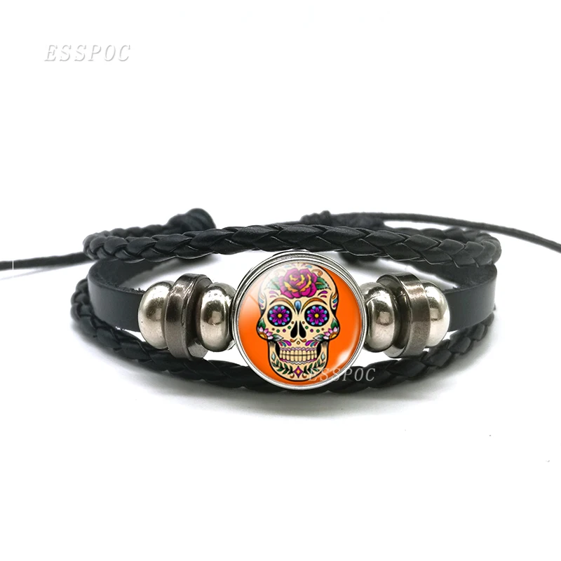 Sugar Skull Bracelet Mexico Folk Art Sugar Skull Black Leather Bracelet  Tourist Souvenir Day of the Dead Jewelry Halloween Gift