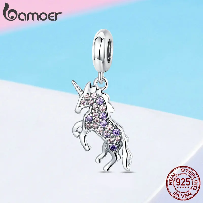 BAMOER 925 Sterling Silver Licorne Memory Pendant Colorful CZ Animal Charms Fit Women Bracelets Necklaces Jewelry Making SCC996