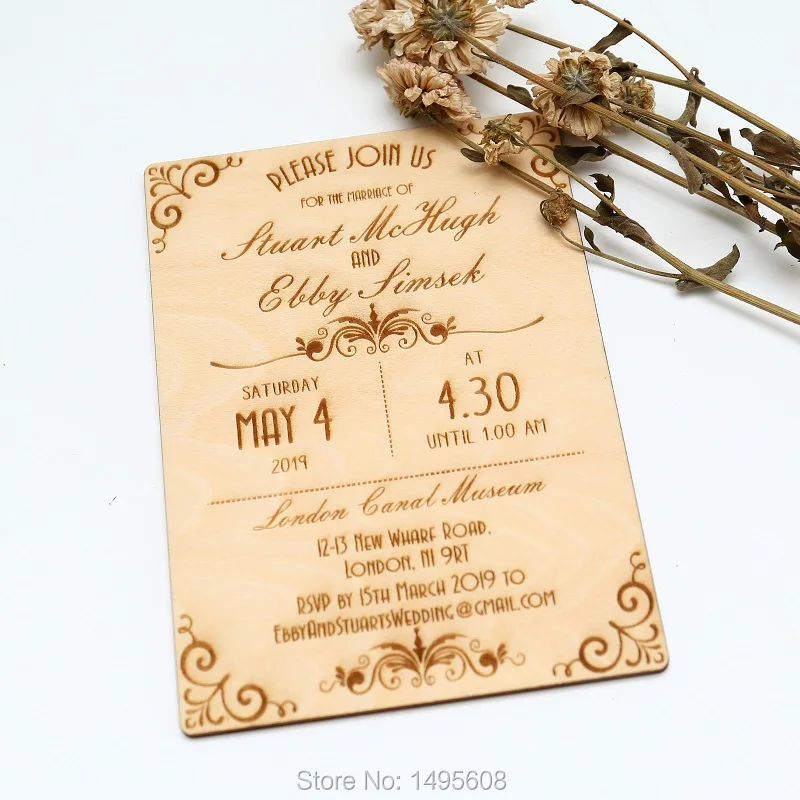 Wood Wedding Invitation - Art Deco Scroll Design Wedding Invitation - Real Wooden Invite