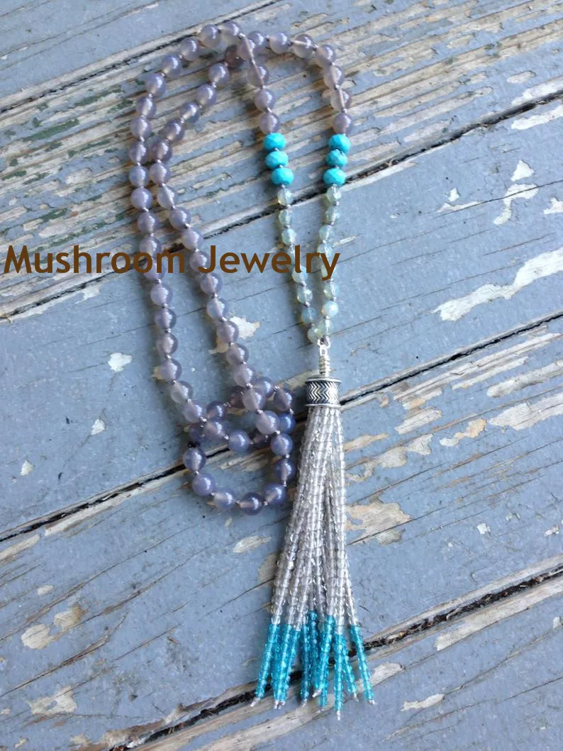 Gray Agates Beads Crystal Tassel Necklace Hand Knotted Turquoise Feacted Opal Stone Beads Necklace