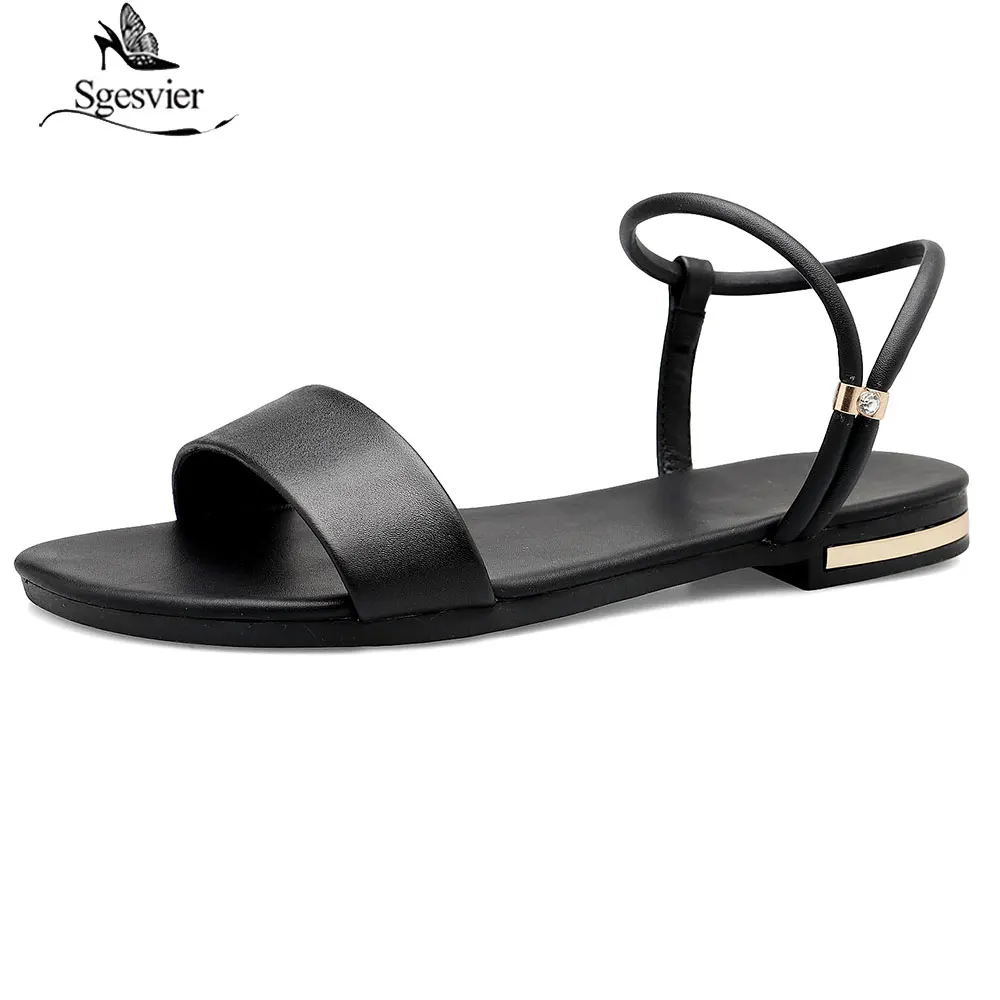 Sgesvier 2019 new genuine leather women sandals big size 31-46 solid fashion comfortable peep toe flat casual shoes woman G397