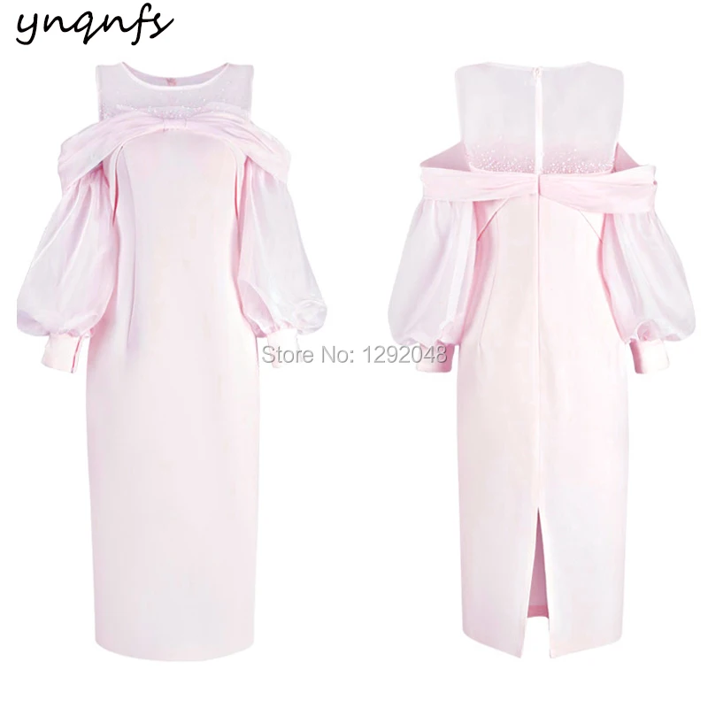 YNQNFS – robes pour mère de la mariée, épaules dénudées, manches longues, rose, robe de soirée élégante, longueur thé, MD413, 2019