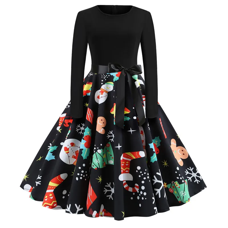 Retro Vintage Long Sleeve Winter Dress Women Floral Print Christmas Dresses Elegant Casual A-Line Robe Rockabilly Pinup Vestidos