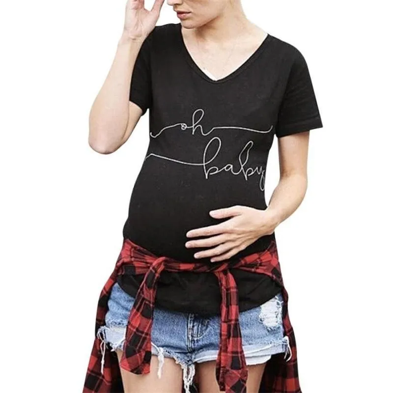 Maternity Tops V-neck Pregnancy Shirts Fashion Short Sleeve Printing Pregnant Clothes Woman Summer T-shirt Mommy To Be Blouse