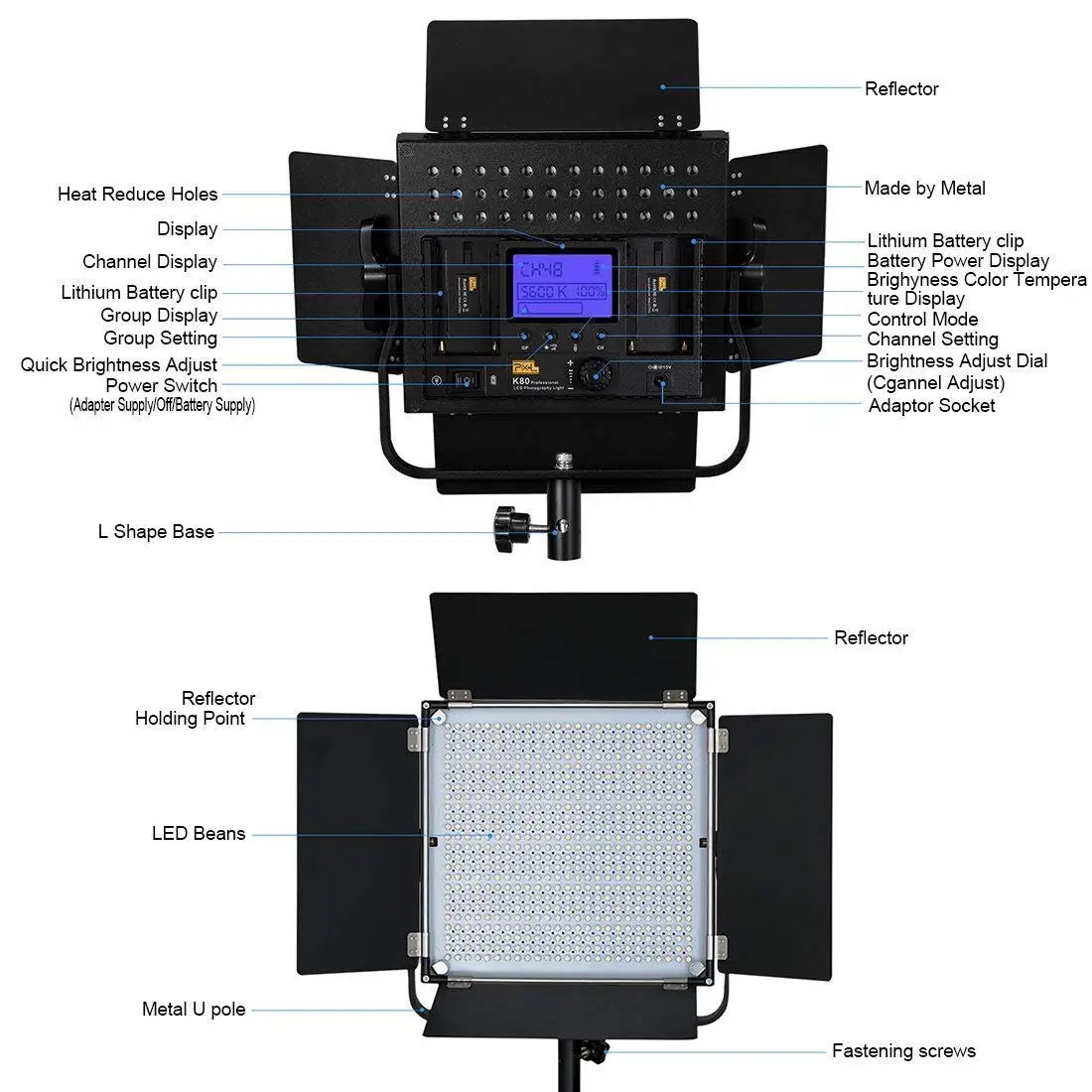 PIXEL K80 Professional LED Dimmable Video Panel Lighting Light 36W CRI 96+ Wireless Control for Studio YouTube Photography Video