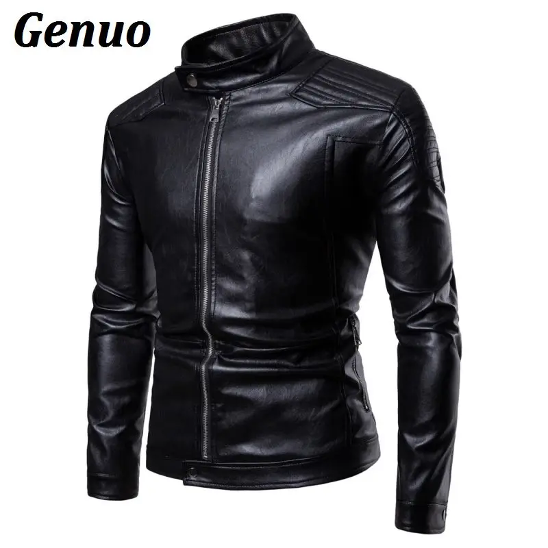 Men Leather Jacket Genuo Fashion Stand Collar Zipper Slim Fit Biker Jacket Streetwear Male Faux Leather Coat Outwear Men Clothes