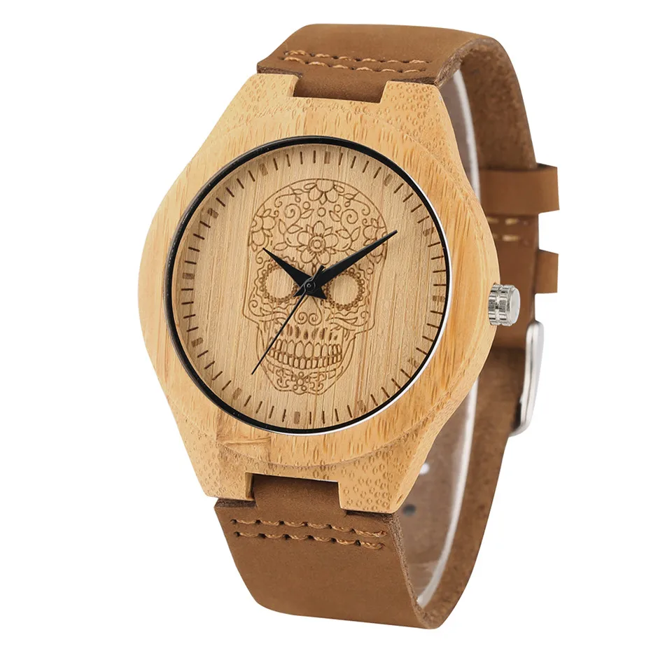 Nature Bamboo Wooden Watches Men Skull Dial Casual Genuine Leather Strap Wrist Watch Men Wood Clock With Box Best Gifts for Male