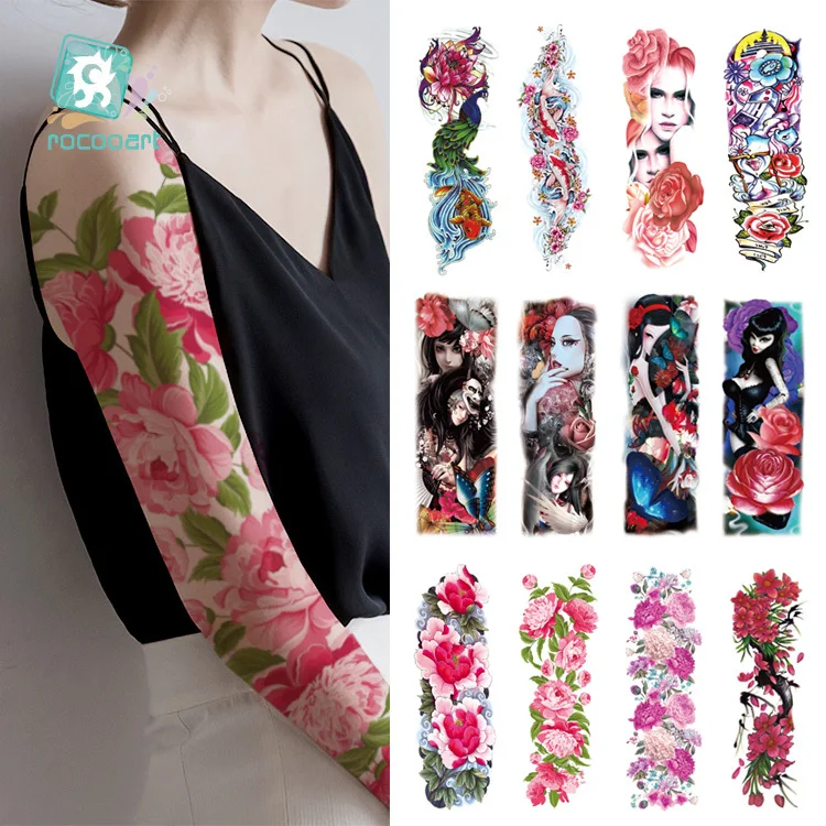 Rocooart Beauty Full Arm Sleeve Tattoo Large Leg Temporary Tattoos Full Flower Skull Angel Rose Body Art Tattoo Stickers 16*48cm