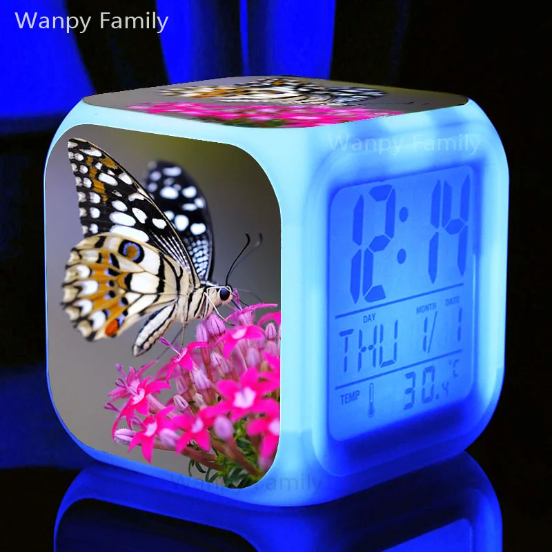 Children’s Toys Butterfly Alarm Clock 7 Color Glowing LED Digital Alarm Clock Kids Room Bedside Wake Up Timer Alarm Clock