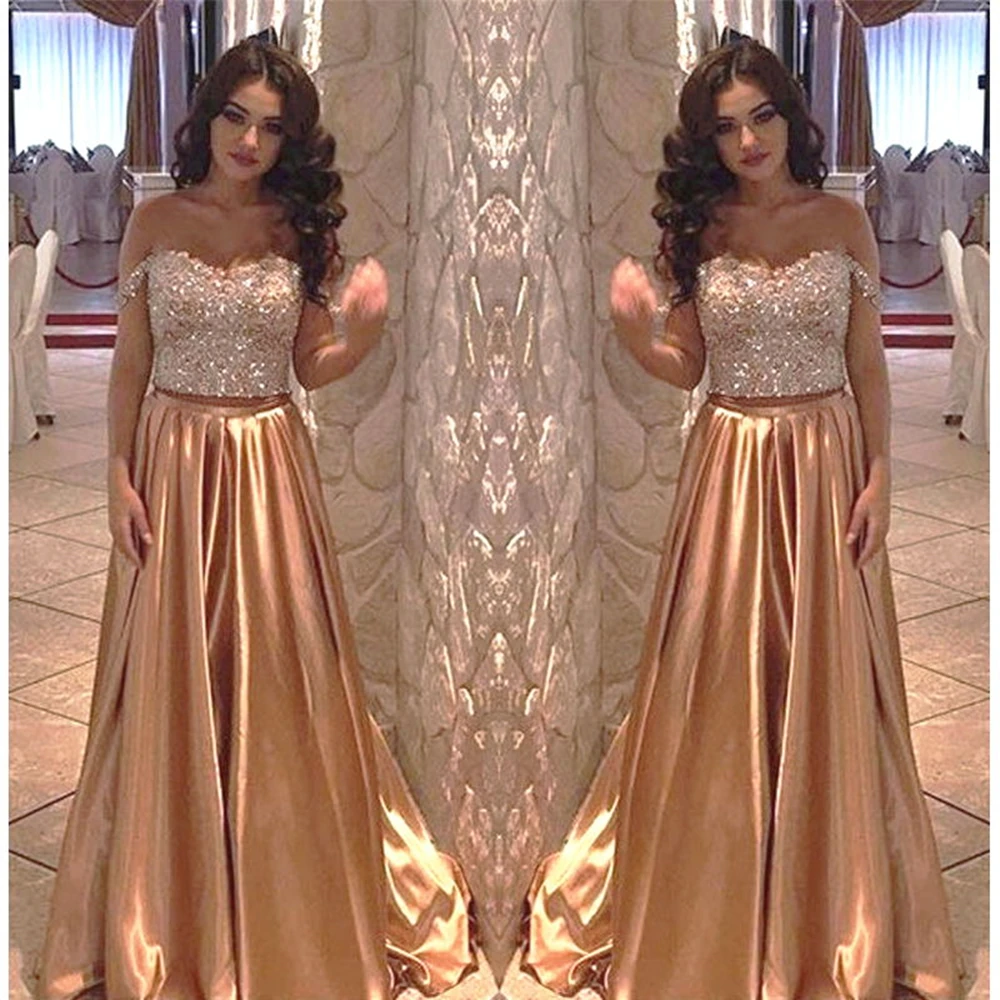 Gold Two Piece Long Prom Dresses 2021 New Off The Shoulder A Line Floor Length Beading Crystal Formal Evening Dress Party Gowns