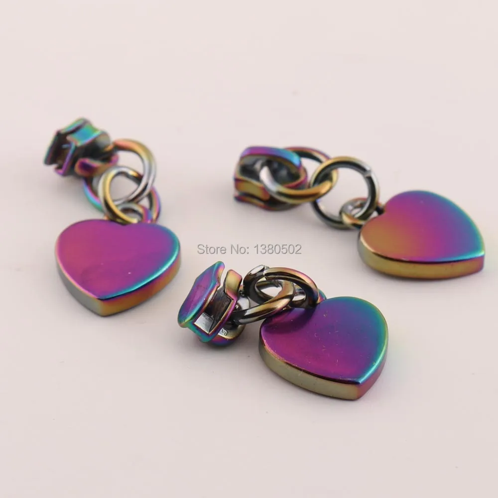 5pcs/lot Metal rainbow color zipper sliders DIY Heart Shape Design  zipper Puller head  for Sewing Tool