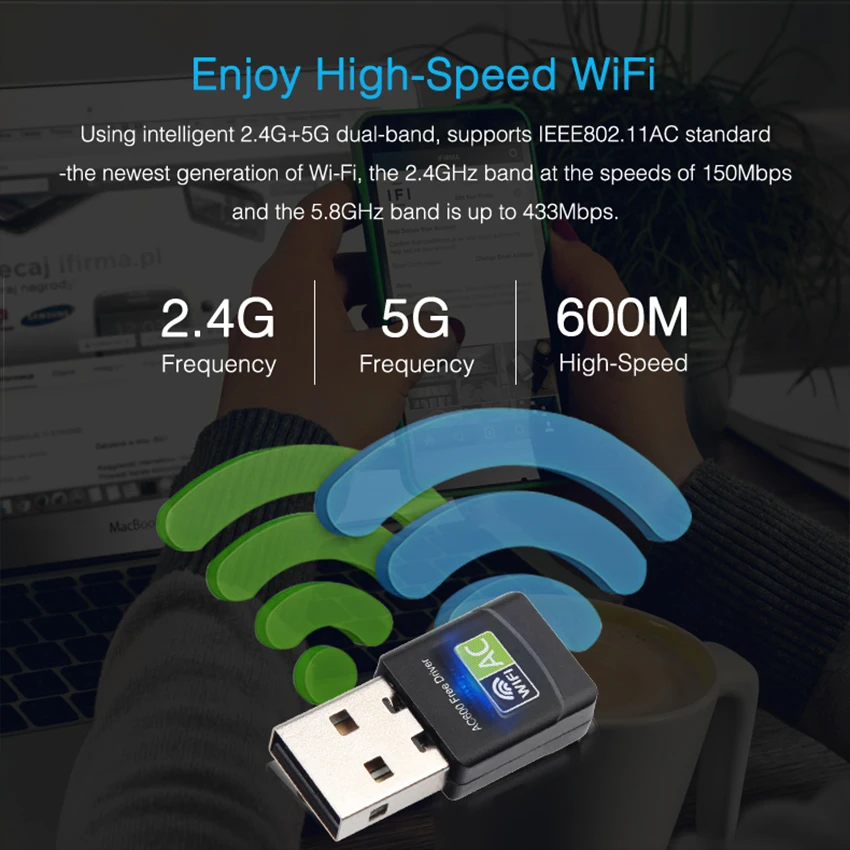 USB WiFi USB Ethernet Phát WiFi 600Mbps 5Ghz Lan USB Wi-Fi Adapter PC Antena Wi Fi Đầu Thu AC Card Mạng Không Dây