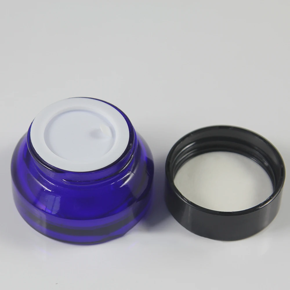 

30pcs wholesale empty 15g blue glass cream jar with black plastic lid, 15 g glass cosmetic jar for eye cream whoelsale