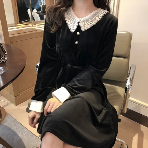 Little Black Dress 2022 Design Women Fashion Long Sleeve Casual Cute Sweet Girls White Lace Patchwork Vintage Midi Velvet Dress