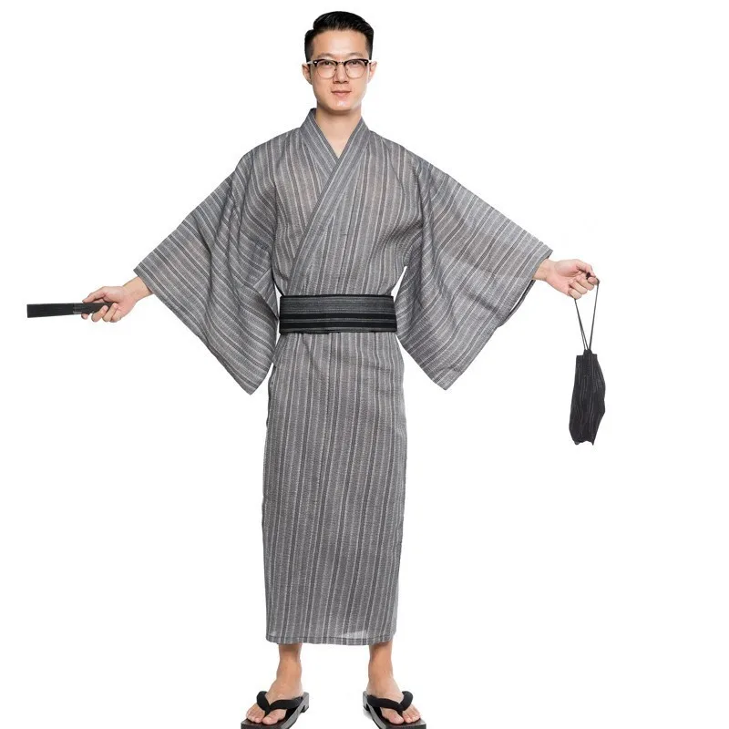 Plus XL Male Simple Japanese kimono robes Summer 100% cotton bathrobe Casual dressing gown men bathrobe with obi and bag DH048