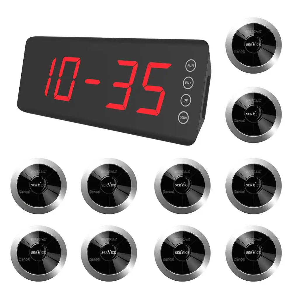 

SINGCALL Wireless Calling System, Pack of 1pc Display Receiver and 10pcs Table Bells with 2 Options Waterproof Buttons