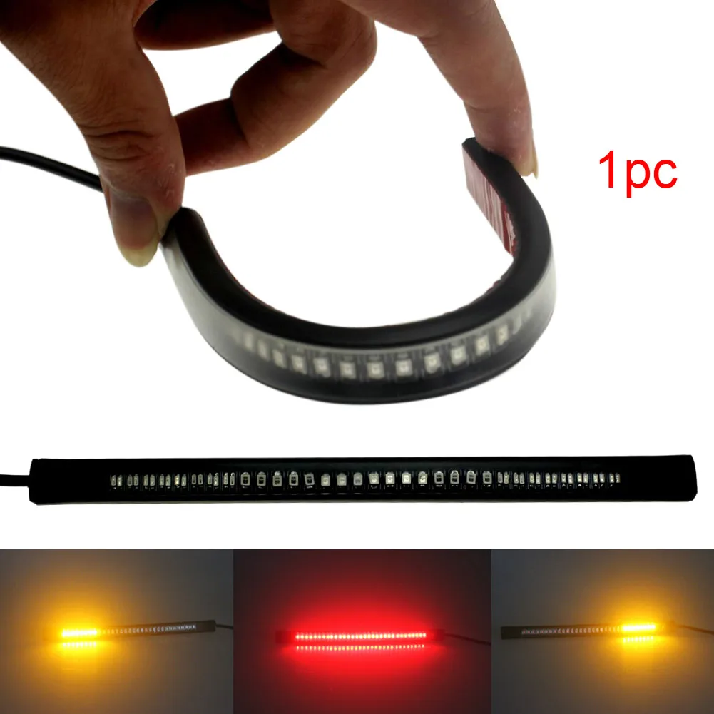 1pc Flexible 48LED Motorcycle Light Strip Tail Brake Stop License Plate Lamp Red and Amber Led Color Turn Signal Light Universal