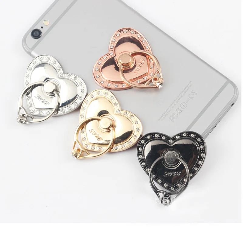 50pcs/lot Diamond Peach Heart Metal finger Rings Phone holder phone Universal Support Accessories For Samsung Galaxy for iphone