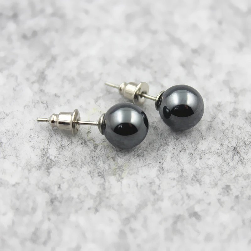 3A Grade 6mm 8mm 10mm Round Hematite Beads Stud Earrings Nickel Free (3 Pairs)  HE1000