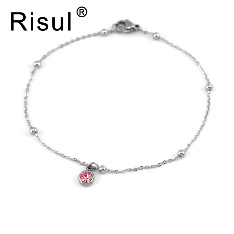 Risul women zodiac stone birth/month lucky stone thin Bracelet space ball Rolo cable chain stainless steel bracelet