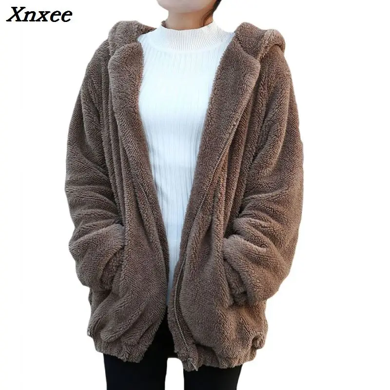 Hot Sale Women Hoodies Zipper Girl  Winter Loose Fluffy Bear Ear Hoodie Hooded Jacket Warm Outerwear Coat Cute Sweatshirt Hoody