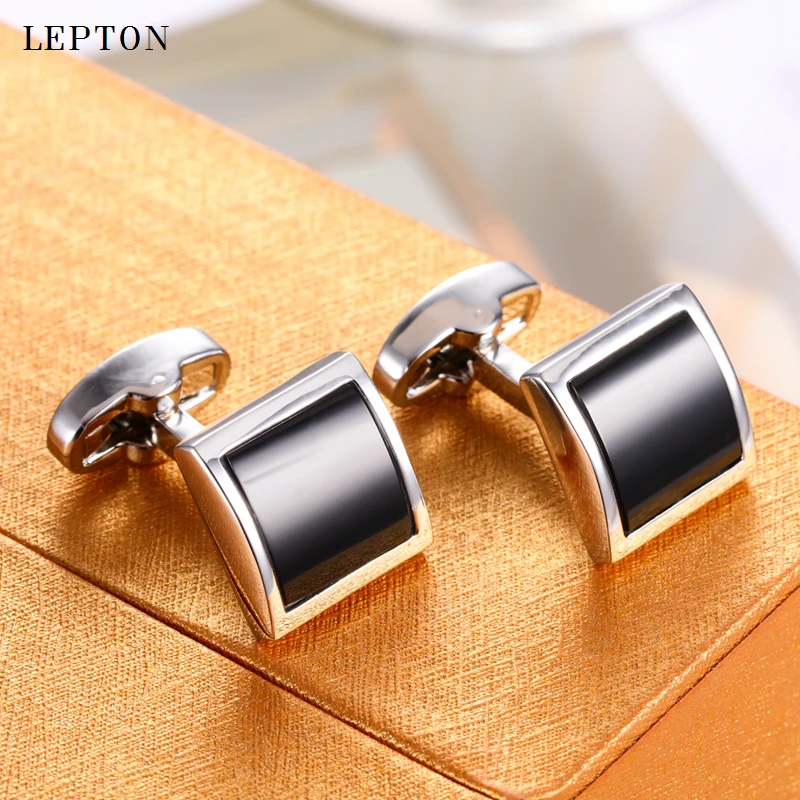 Lepton Black Glass Cufflinks for Mens High Quality Square Glass Cufflink With Gift Box Men Shirt Cuffs Cuff Links Drop Shipping