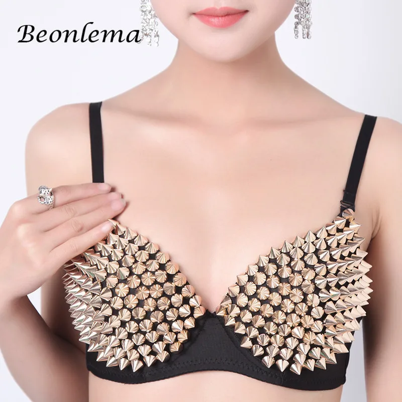 Beonlema Sexy Push Up Bra Steampunk Women Bralette Rivet Ladies Bra Top Lingerie For Female Clubwear Gold Sliver S-2XL