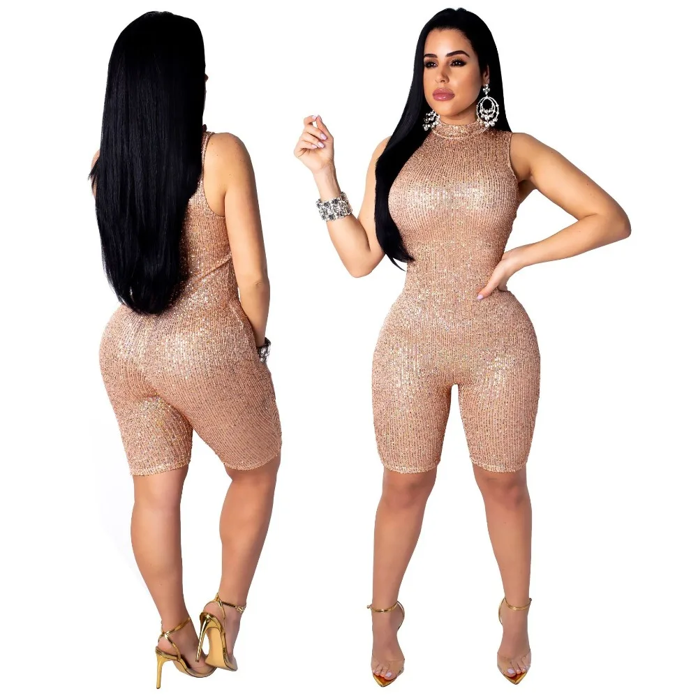 Skinny เลื่อม playsuits เซ็กซี่ rompers womens jumpsuit bodycon สีดำ Club Party เสื้อผ้า 2019