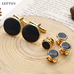 Lepton Black Enamel Round Cufflinks and tuxedo studs Sets Gold Color Business wedding High Quality Mens Shirt Cuffs cufflink