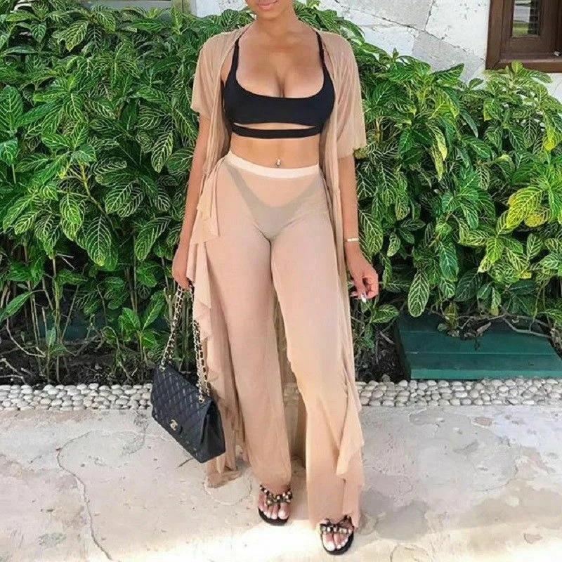 Pantaloni di maglia Delle Donne Sheer Bikini Sexy Cover Up Increspature Lungo Pantaloni Della Spiaggia Costumi Da Bagno Vedere Attraverso di Festa Vestiti di Estate 2019 roupas