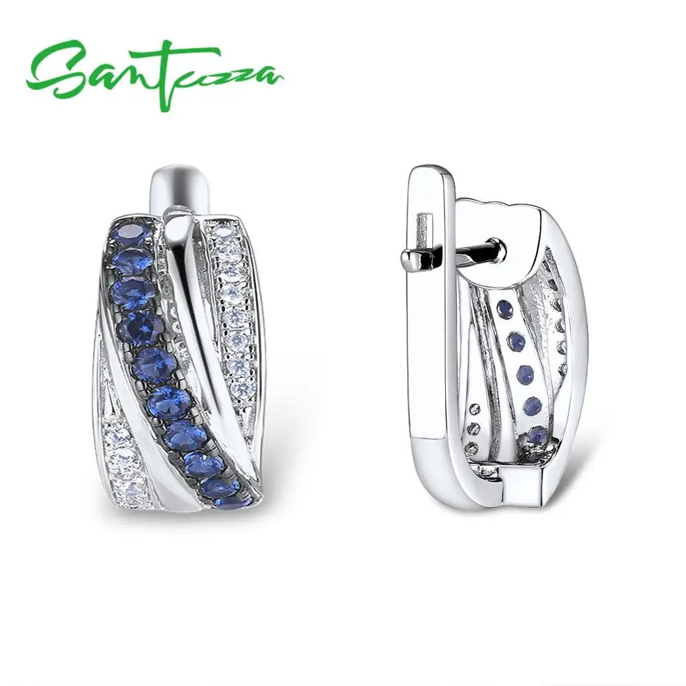 SANTUZZA Silver Earrings For Women 925 Sterling Silver Stud Earrings Blue Nano Cubic Zirconia brincos Elegant Fashion Jewelry