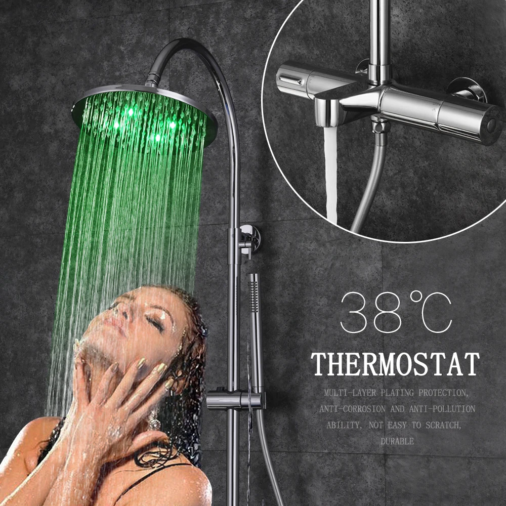 

SKOWLL Rain Shower Faucet Wall Mount Rainfall Shower Head System LED Bathroom Mixer Shower Set with Handle, Chrome SK-9107