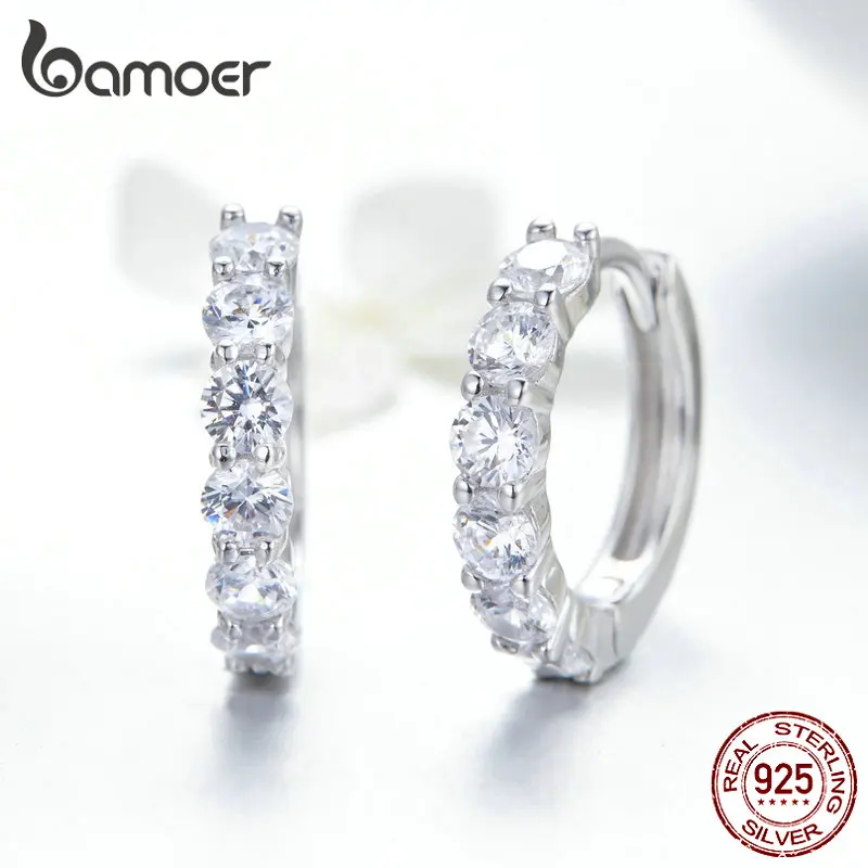 BAMOER Wedding Hoop Earrings for Women Sterling Silver 925 High Quality Cubic Zirconia Tiny Ear Hoops Statement Jewelry SCE524