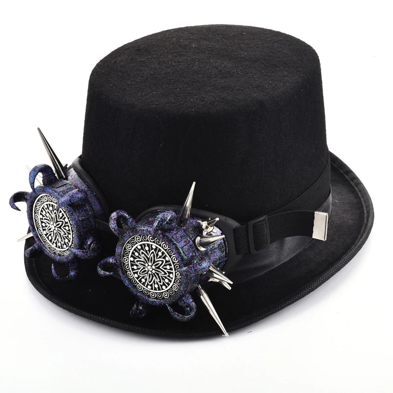 

Punk Hat with Rivets Goggles Fashion Show Film Performance Top hat for Men and Women Steampunk Fedoras Rivet Glasses Hat Gothic