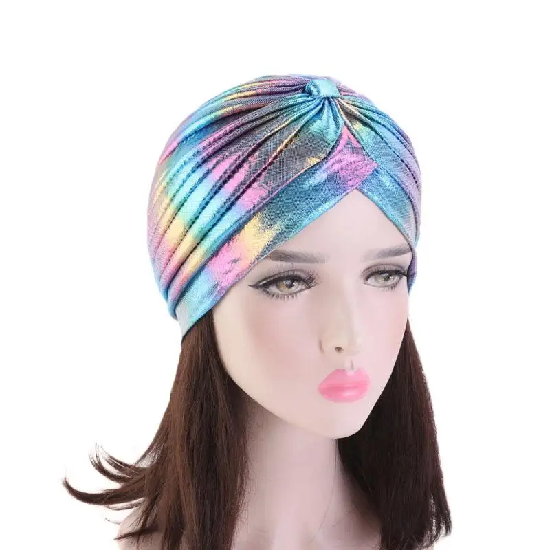 Women Glitter Turban Caps Muslim Head Rainbow India Cap Headwrap Chemo Hair Loss Hat Islamic Headscarf Bonnet Beanies