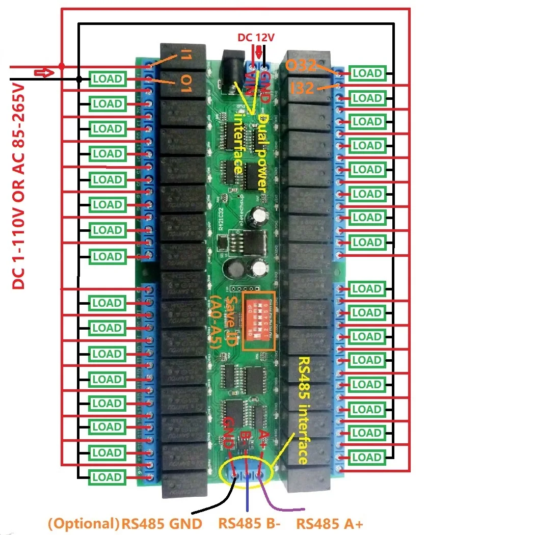 R421C32 DC 12V 32 Channels Modbus RTU RS485 Bus Relay Module UART Serial port Board for PLC LED Home automation door lock