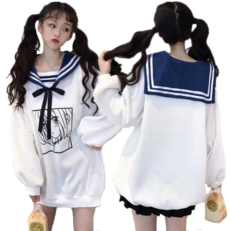 Kawaii Sweet Girls Winter Hoodies Comic Printed Sailor Collar Oversized Sweatshirt Soft Bestie Sisters Cute Maxi Long Loose Tops