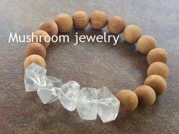 Clear Crystal Quartz Nuggets Wood Beads Bracelets Yoga Bracelets wooden bead bracelet Boho