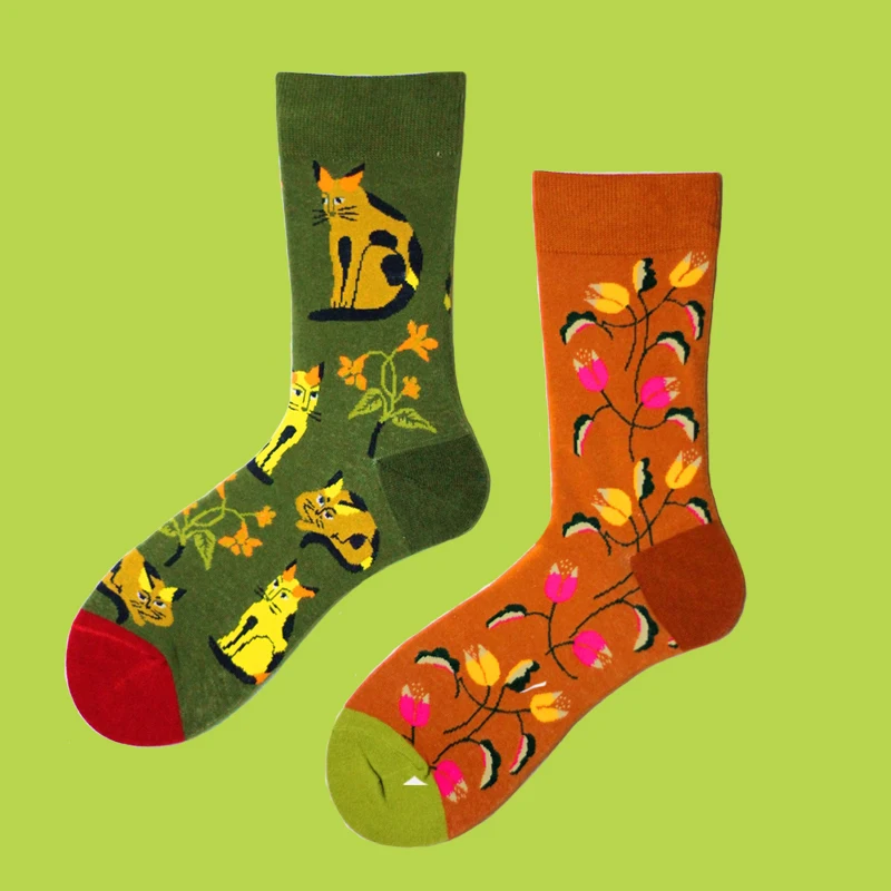 Cartoon Cute Men Cat Flowers Plant Colorful Happy Funny Fashion Korea Harajuku Hip Hop Street Style Skate Cotton Socks