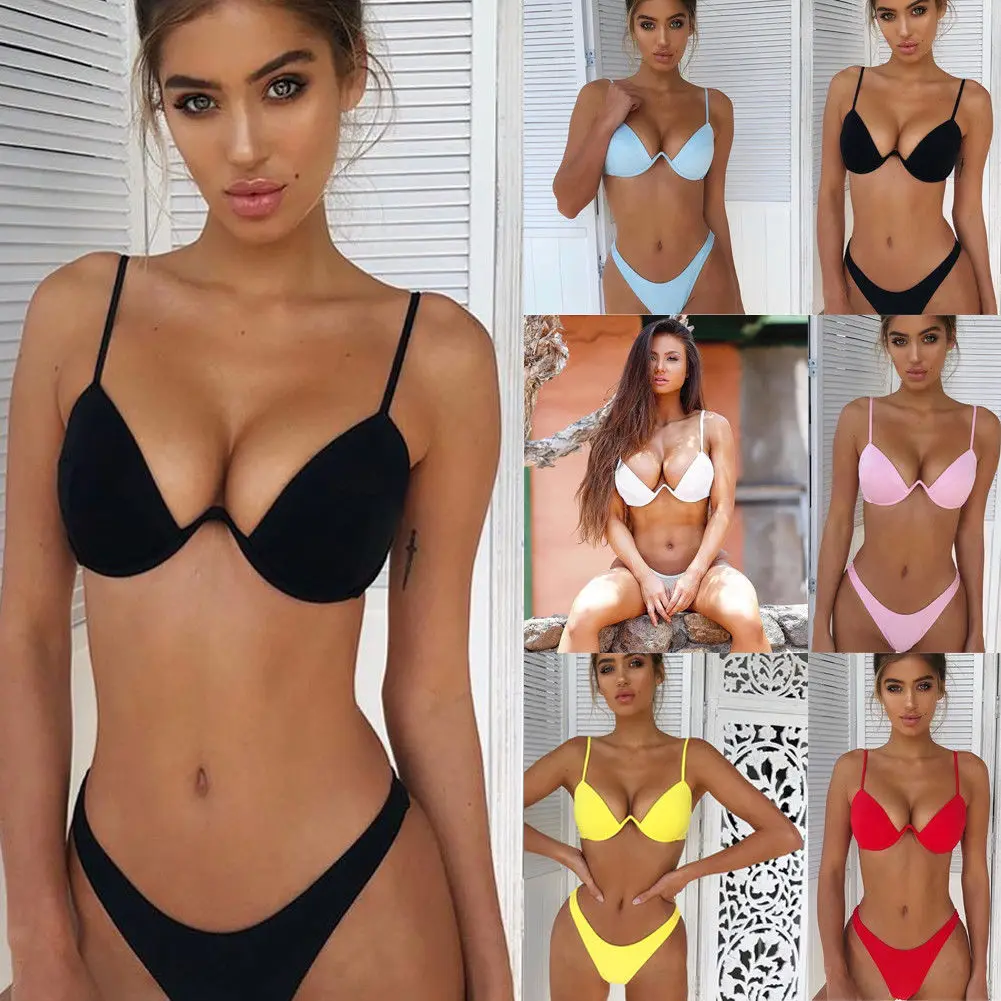 Conjunto de Bikini con sujetador acolchado a la moda para mujer, traje de baño para mujer, traje de baño triangular con realce, trajes de baño, Bikini