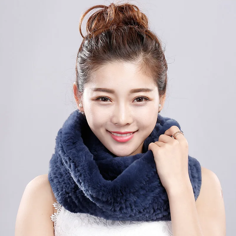 Real fur scarf luxury winter fashion tube scarf women warm knitted long scarves of natural rex rabbit fur blue 7 colors S82