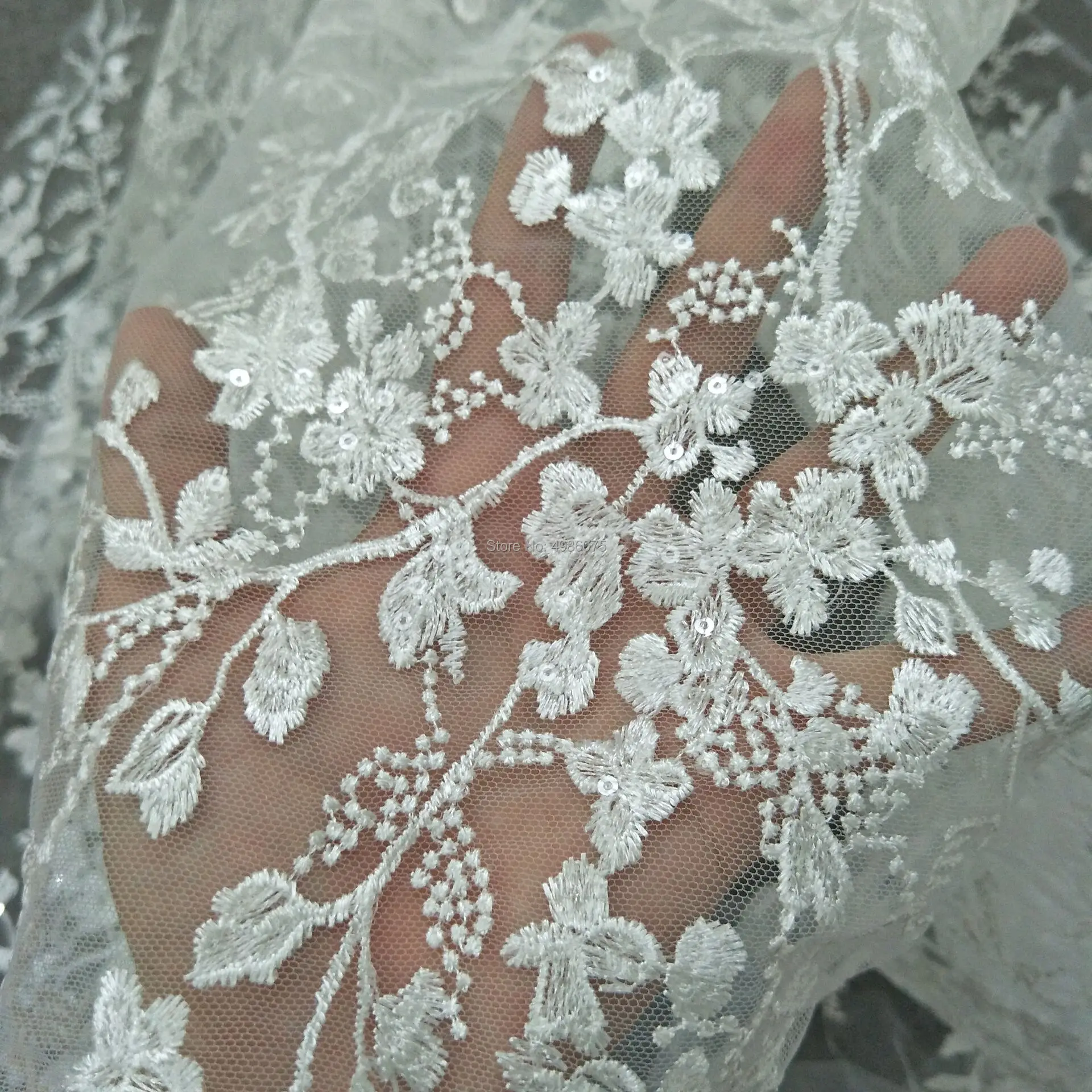 Fashionable ivory lace fabric tulle lace fabric bridal lace fabric with sequins sell by yard