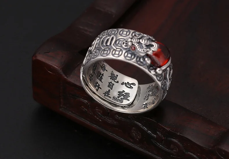 100% 925 Silver Tibetan Six Words Proverb Ring Good Luck Wealth Pixiu Ring Lucky Jewelry Man Ring