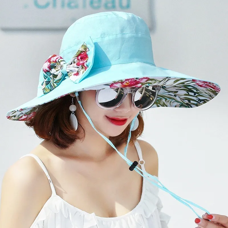 reversible summer hat for women Superlarge brim Beach cap sun hat female England Style girls bow Fedora hat