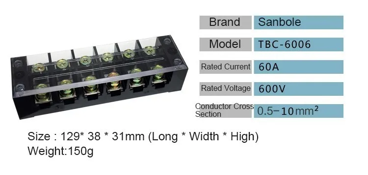 Terminal Blocks TBC-6006 TB-606 60A/6P 600V Connection Dual Row Terminals Copper with 12 screws 0.5-10mm2