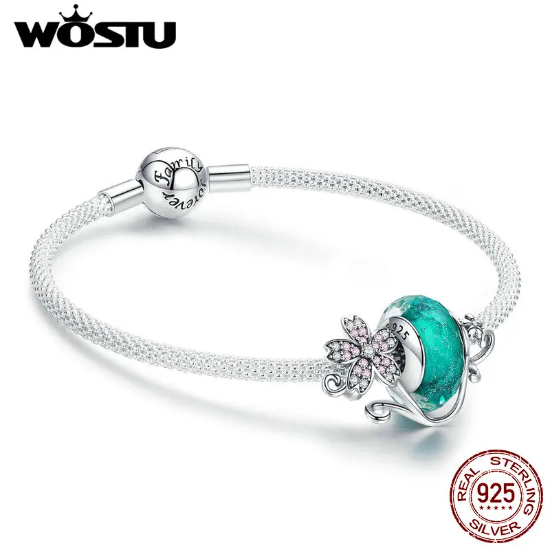 WOSTU 925 Sterling Silver Green Murano Beads Pink Flower Charm Bangles & Bracelet For Women Original Silver Jewelry Gift CQB822