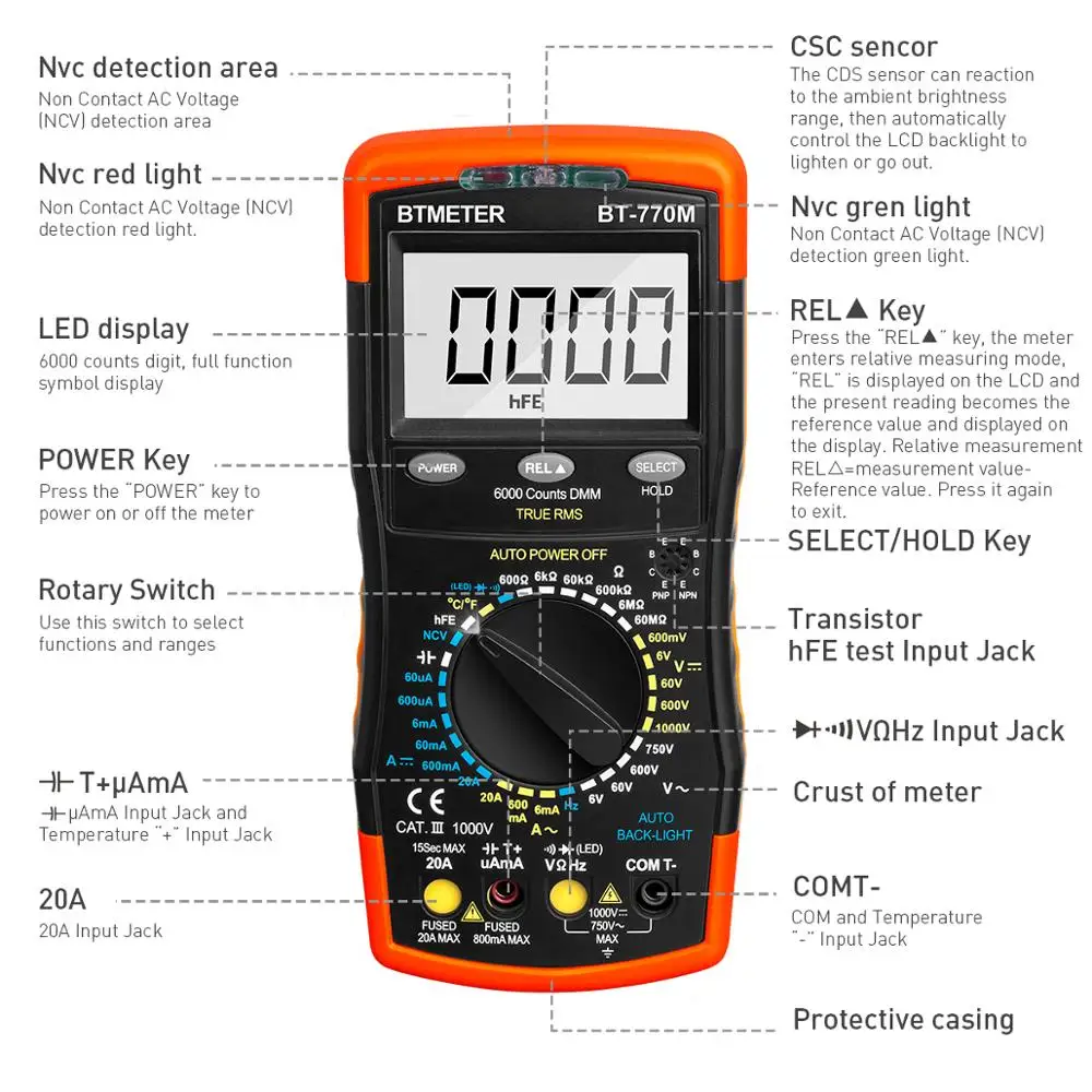 BTMETER BT-770M Multimeter Universal Meter 6000 Count,NCV,Diode,AC&DC Voltage,AC&DC Current,Resistance,Capacitance