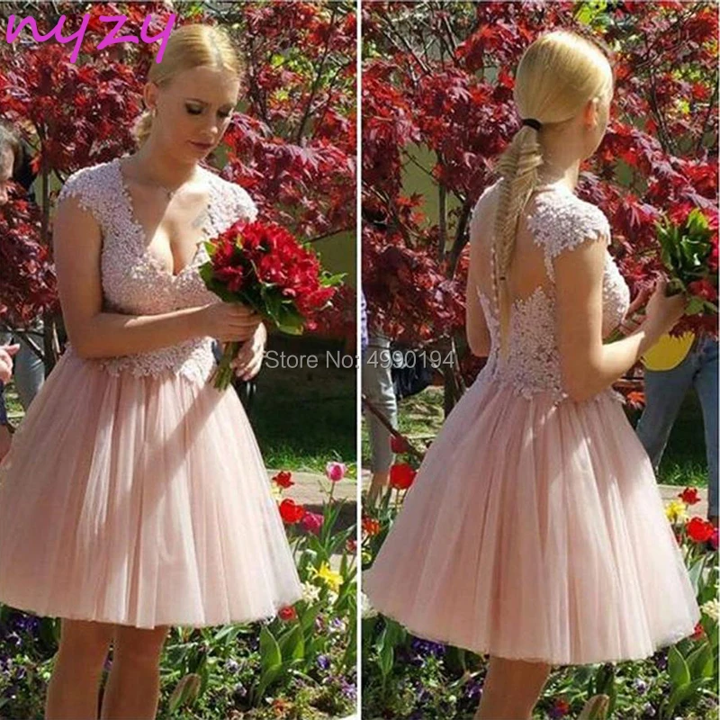 Nyzy P24 Sexy Prom Jurk Korte Roze Tulle Puffy Baljurk Sheer Backless Parels Crystal Party Dress 2019 Vestidos De coctel