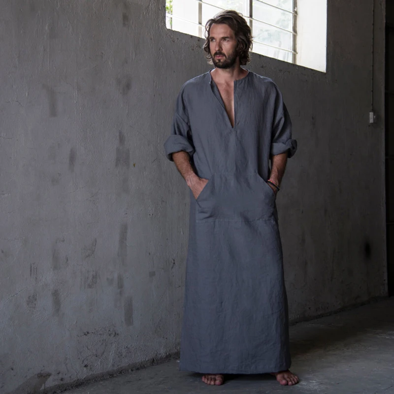 Mens Natural Linen Cotton Ultra Long Floor Length Robes Bathrobes Lounge Wear Casual Kaftan Thobe V Neck Long Gown Caftan Tunic